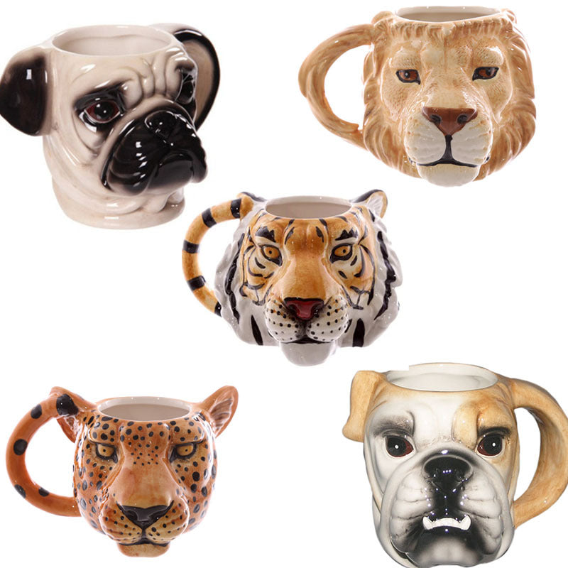 Five animal-themed mugs including a pug, lion, tiger, cheetah, and bulldog on a white background.