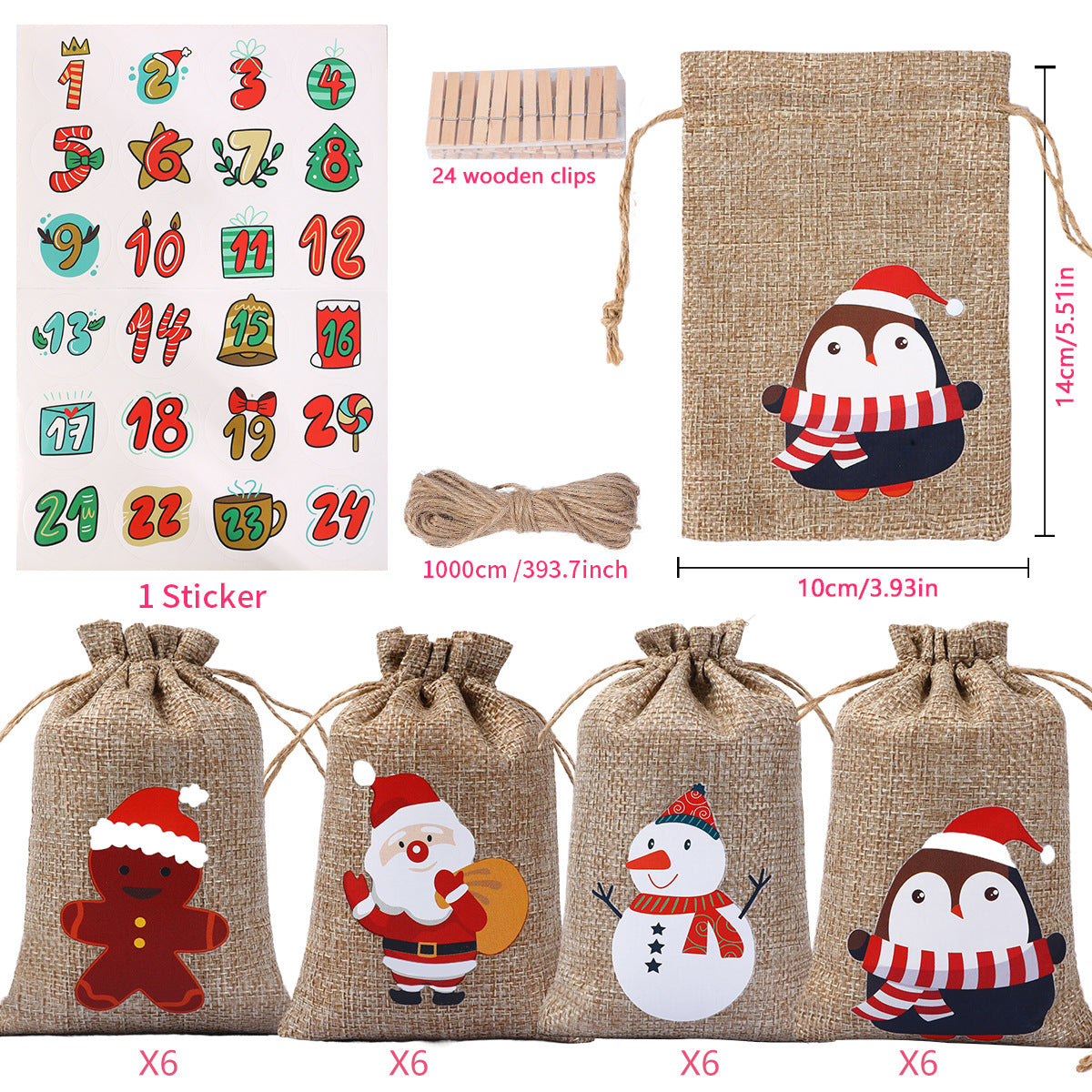 Juego de 24 bolsas de regalo navideñas de arpillera con cordón, 4x5.5, bolsas para dulces, regalos, tarjetas de regalo, reutilizables, para rellenar calcetines navideños.