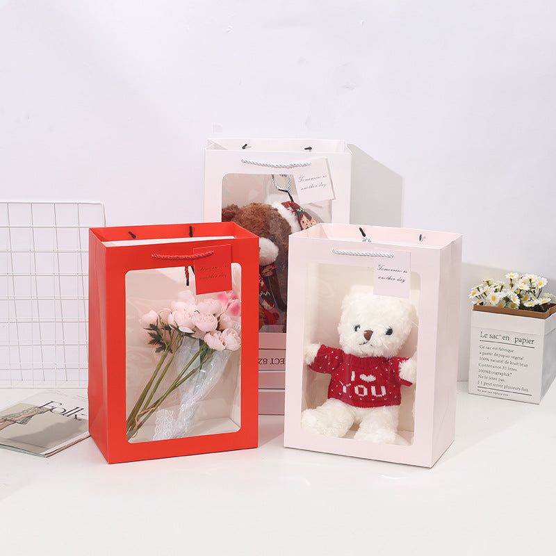 Bolsa de regalo transparente con ventana para flores, blanca, roja y rosa, 15x10x20 cm | Bolsa de cartón blanca para ramos y regalos de San Valentín