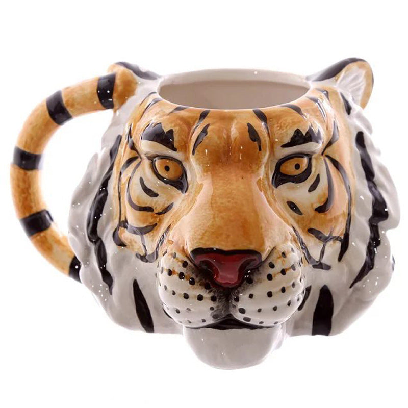 Tiger mug with detailed facial features on a white background