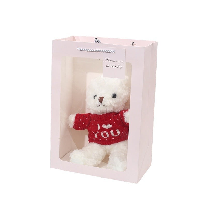 Bolsa de regalo transparente con ventana para flores, blanca, roja y rosa, 15x10x20 cm | Bolsa de cartón blanca para ramos y regalos de San Valentín