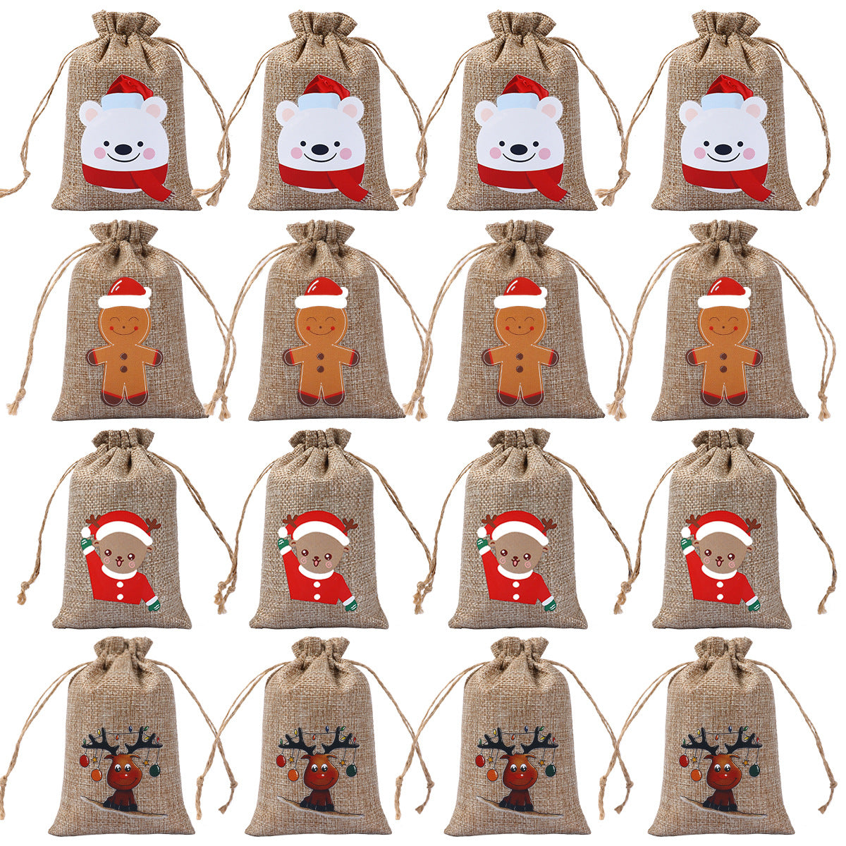Juego de 24 bolsas de regalo navideñas de arpillera con cordón, 4x5.5, bolsas para dulces, regalos, tarjetas de regalo, reutilizables, para rellenar calcetines navideños.