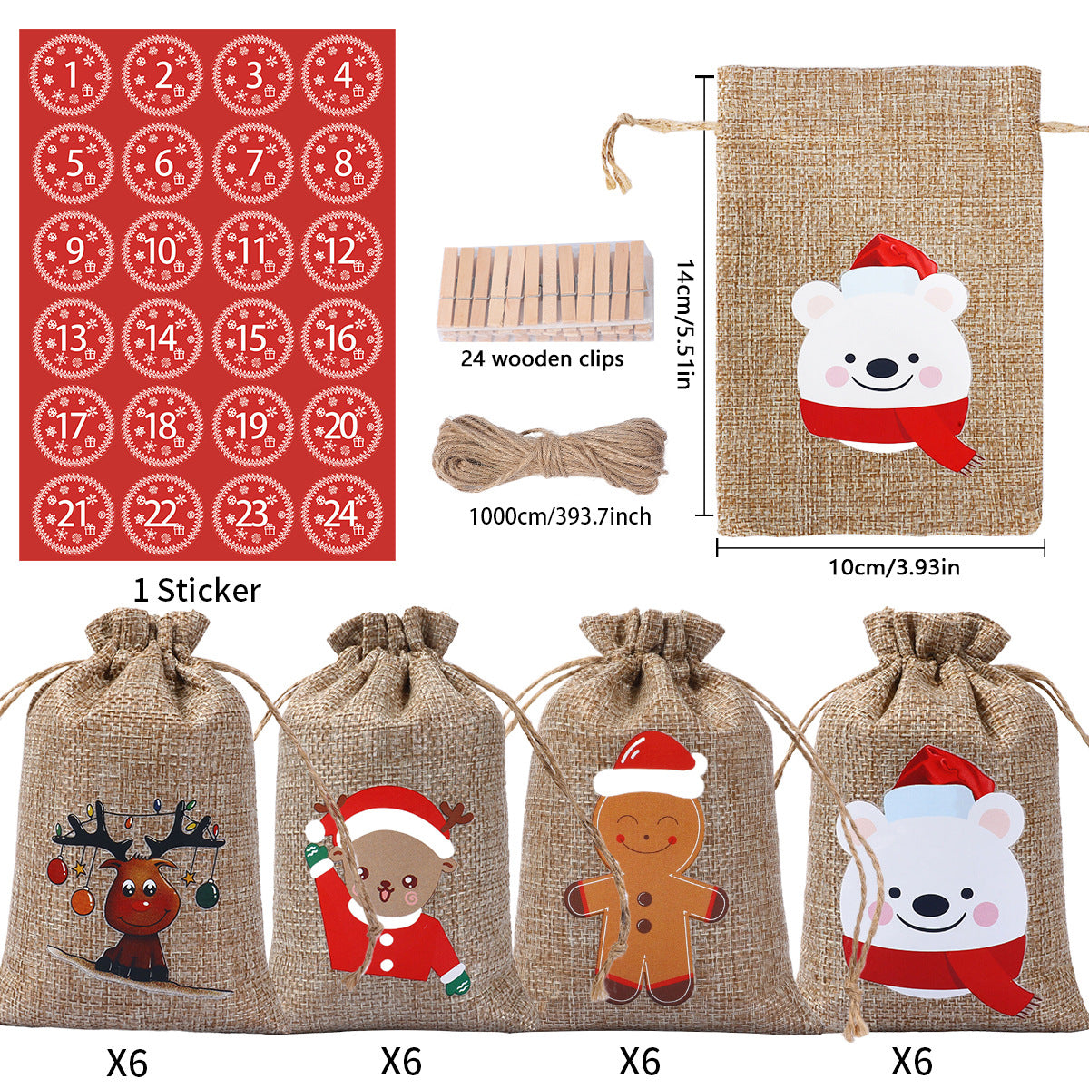 Juego de 24 bolsas de regalo navideñas de arpillera con cordón, 4x5.5, bolsas para dulces, regalos, tarjetas de regalo, reutilizables, para rellenar calcetines navideños.