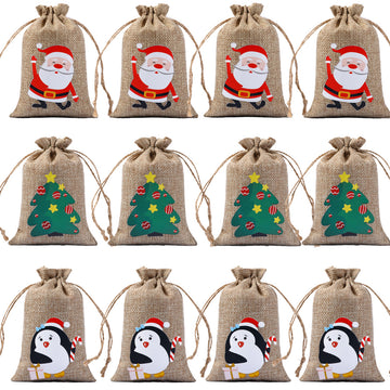 Juego de 24 bolsas de regalo navideñas de arpillera con cordón, 4x5.5, bolsas para dulces, regalos, tarjetas de regalo, reutilizables, para rellenar calcetines navideños.